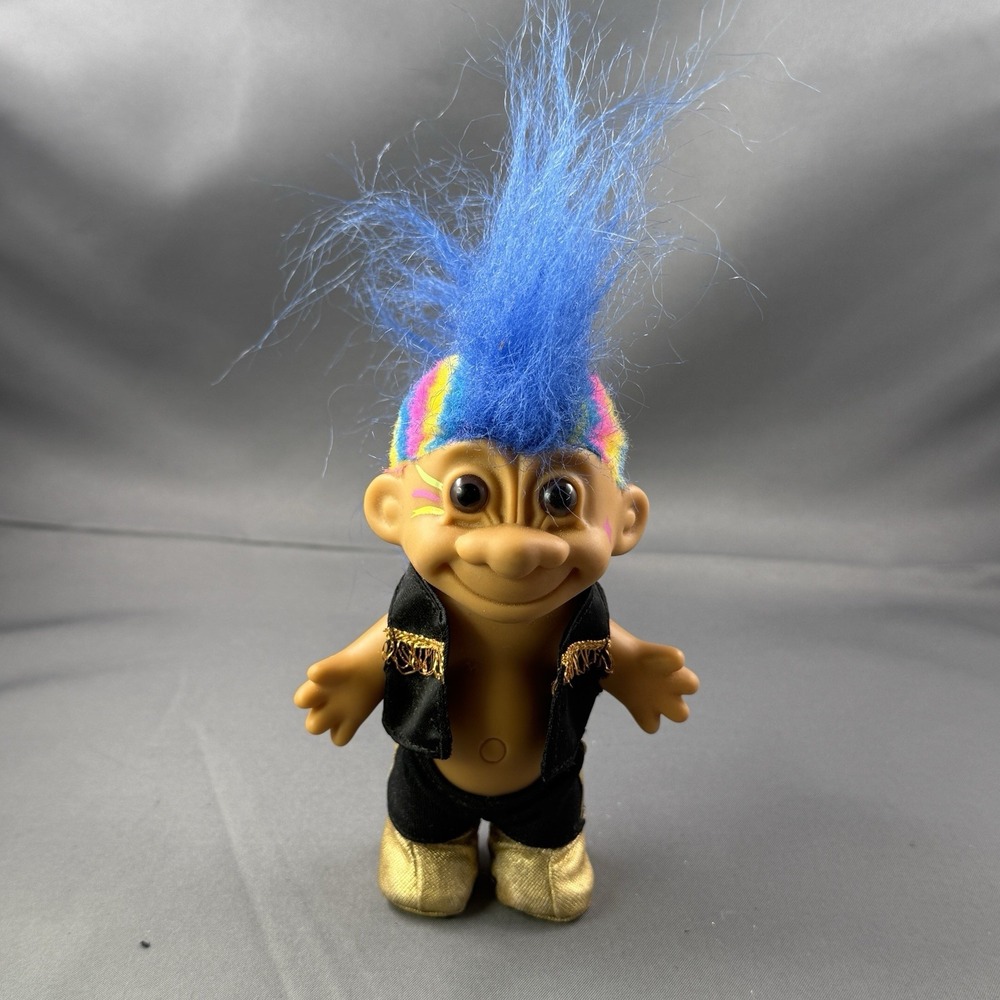 Vintage Russ Troll Doll Rock Star Blue Mohawk Hair Gold Shoes 1990s